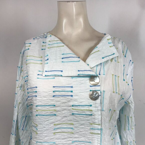 HABITAT - WOMEN SMALL - WHITE 3/4 SLEEVE V NECK BUTTON COTTON BLEND TOP BOHO ART - Picture 2 of 8